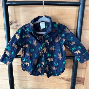 Gymboree Navy Bear Print Button Up Shirt 6-12M Boys Fall